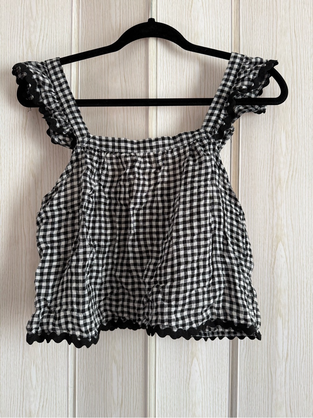 Cynthia Rowley Linen Black and White Gingham Ruffle Top